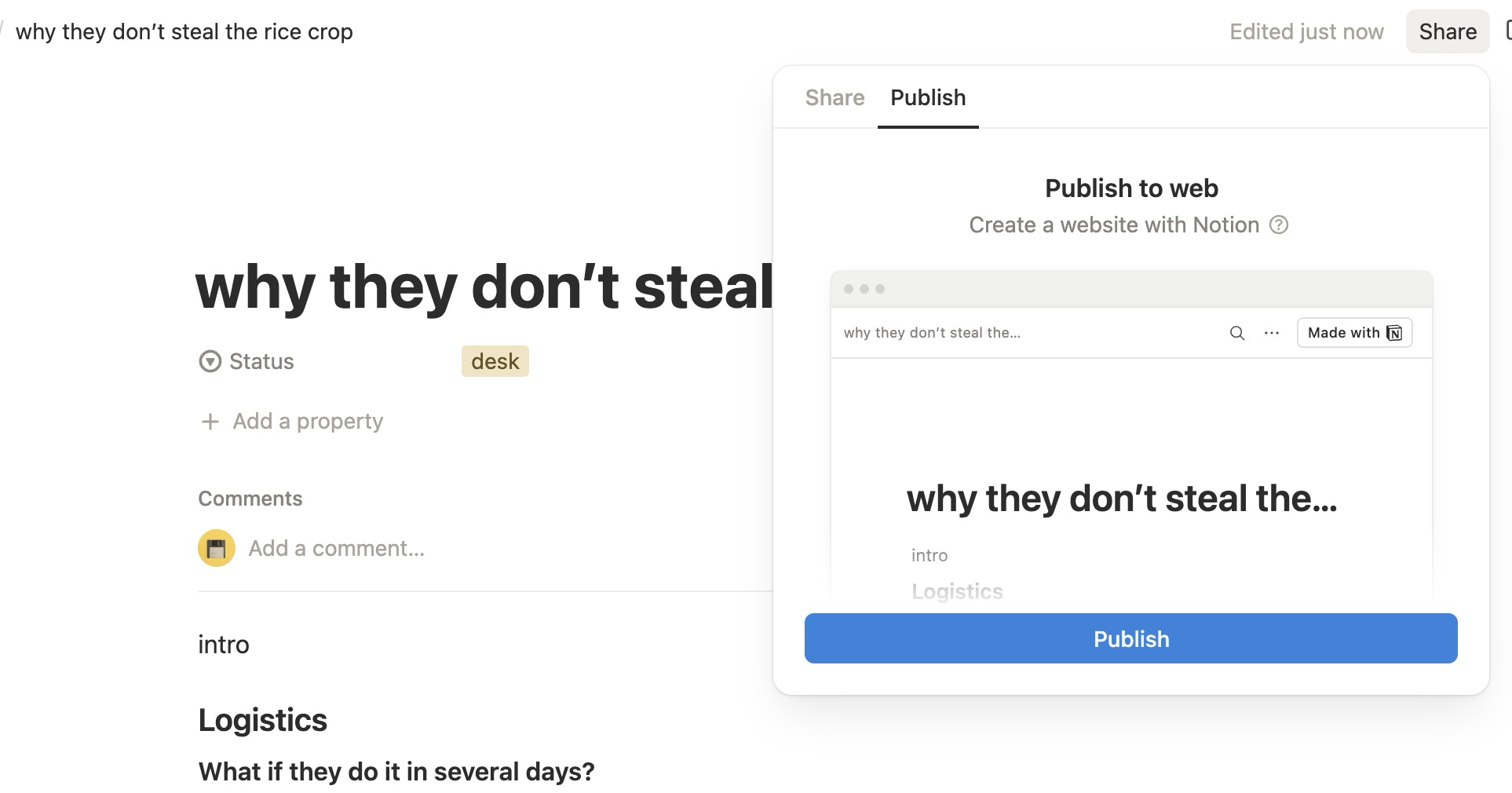 Notion's published page preview